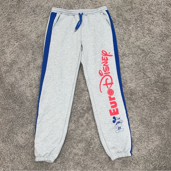 Euro Disney Paris 1992 Retro Remix Grey Blue Striped Sweatpants Sz Medium Mickey - Picture 1 of 7